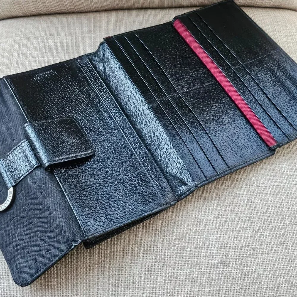 BVLGARI Clutch Long Wallet Card Holder Black Leather/Canvas Bag Purse Made Italy - Picture 13 of 14